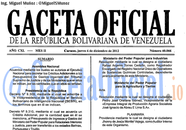 Gaceta Oficial 40066 del 6 Diciembre 2012