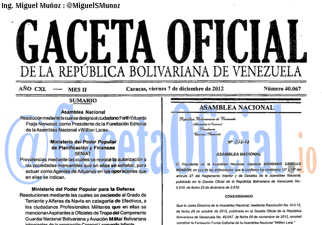 Gaceta Oficial 40067 del 7 Diciembre 2012