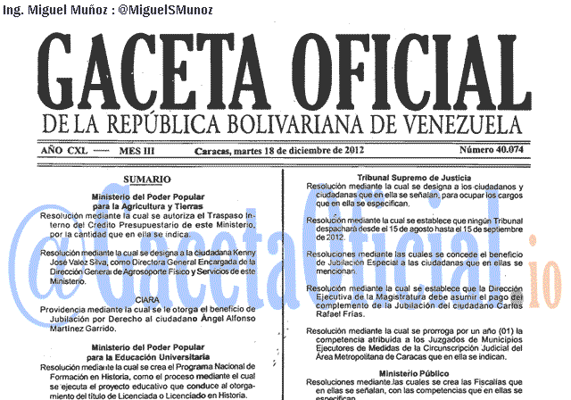 Gaceta Oficial 40074 del 18 Diciembre 2012