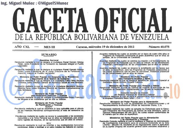 Gaceta Oficial 40075 del 19 Diciembre 2012