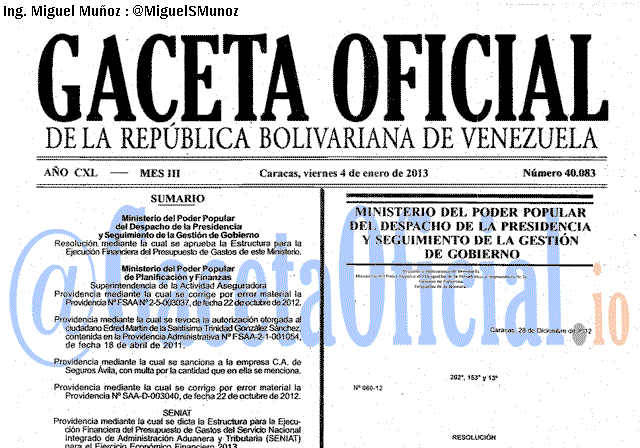 Gaceta Oficial 40083 del 4 Enero 2013