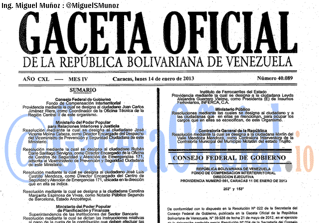Gaceta Oficial 40089 del 14 Enero 2013
