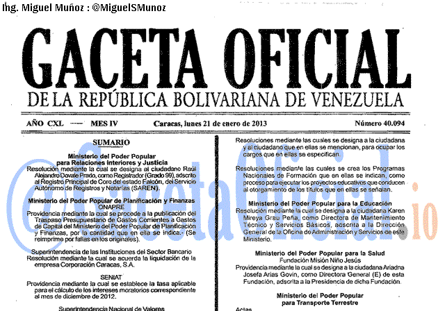 Gaceta Oficial 40094 del 21 Enero 2012