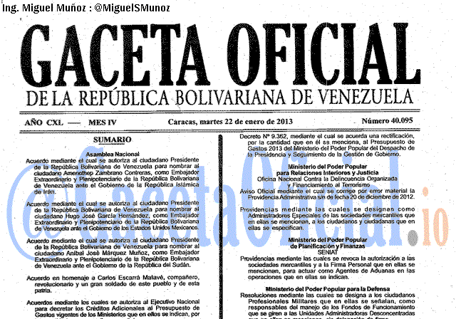 Gaceta Oficial 40095 del 22 Enero 2012