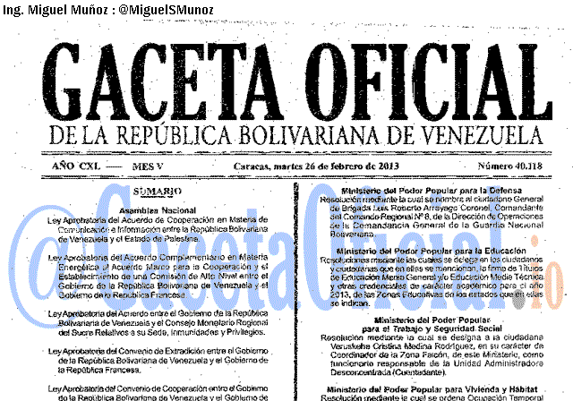Gaceta Oficial 40118 del 26 Febrero 2013