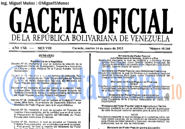 Gaceta Oficial 40166 del 14 Mayo 2013