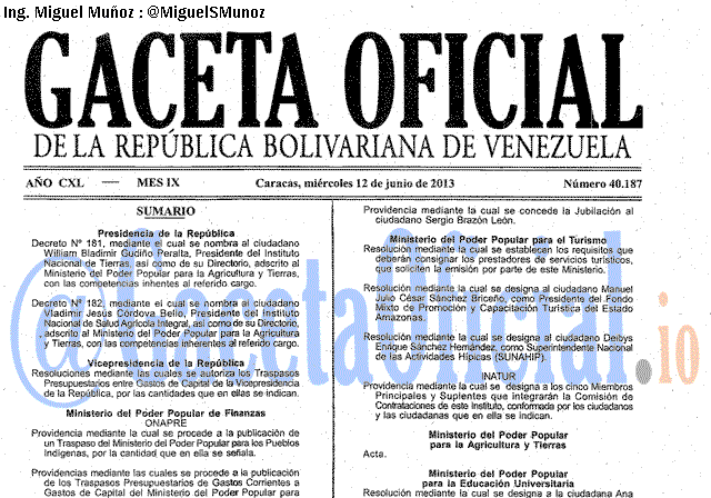 Gaceta Oficial 40187 del 12 Junio 2013