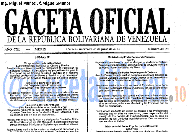 Gaceta Oficial 40196 del 26 Junio 2013
