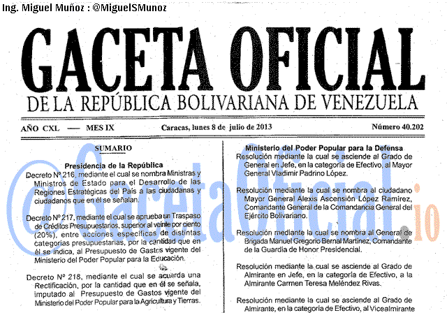 Gaceta Oficial 40202 del 8 Julio 2013