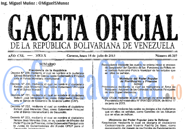 Gaceta Oficial 40207 del 15 Julio 2013
