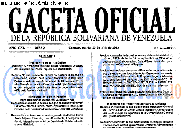 Gaceta Oficial 40213 del 23 Julio 2013