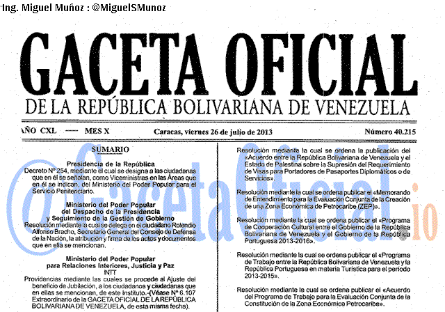 Gaceta Oficial 40215 del 26 Julio 2013