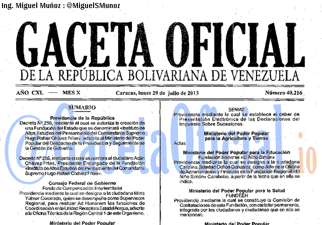 Gaceta Oficial 40216 del 29 Julio 2013