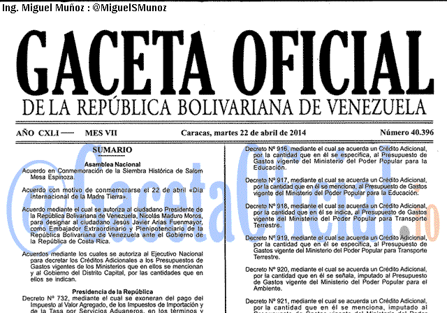 Gaceta Oficial 40396 del 22 Abril 2014