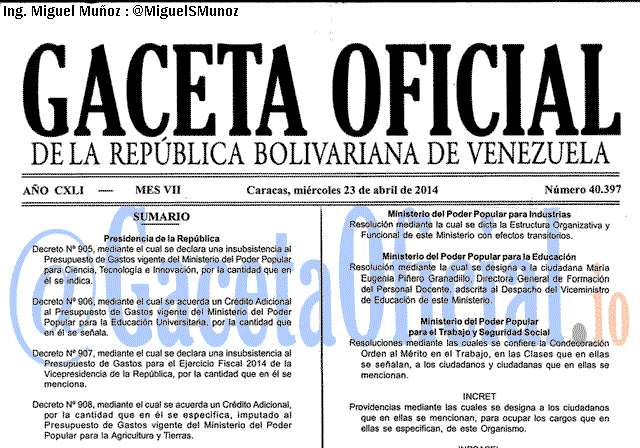 Gaceta Oficial 40397 del 23 Abril 2014