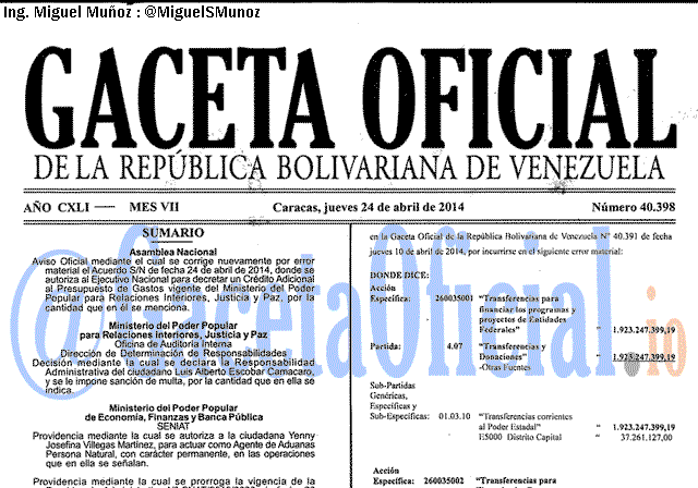 Gaceta Oficial 40398 del 24 Abril 2014