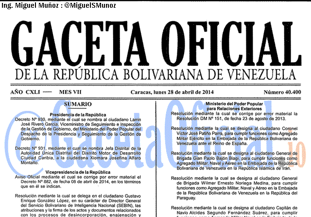Gaceta Oficial 40400 del 28 Abril 2014