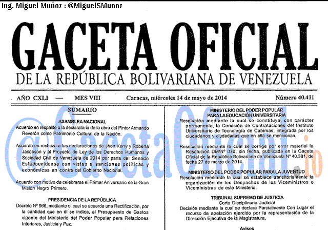 Gaceta Oficial 40411 del 14 Mayo 2014