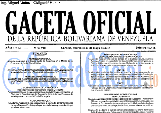 Gaceta Oficial 40416 del 21 Mayo 2014
