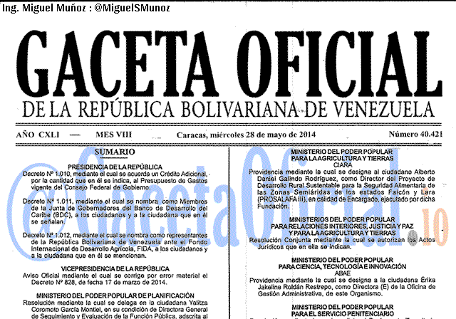 Gaceta Oficial 40421 del 28 Mayo 2014