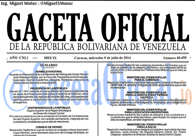 Gaceta Oficial 40450 del 9 Julio 2014