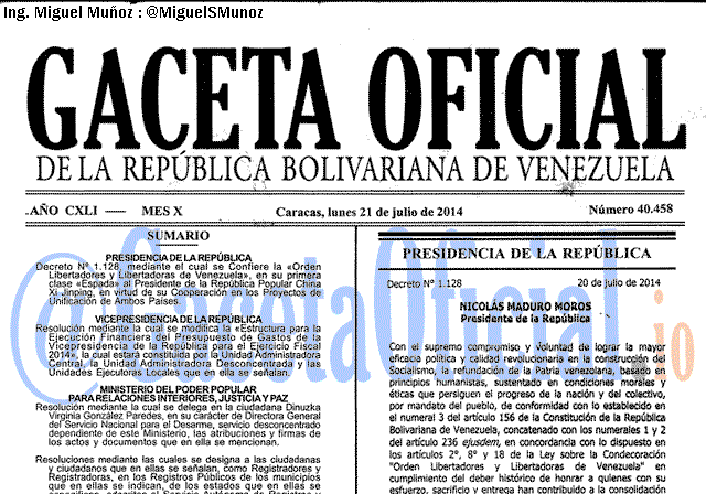 Gaceta Oficial 40458 del 21 Julio 2014