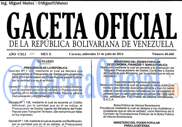Gaceta Oficial 40460 del 23 Julio 2014