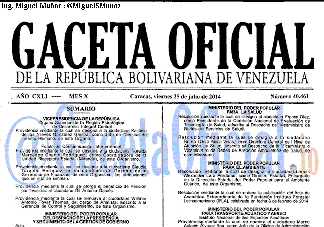 Gaceta Oficial 40461 del 25 Julio 2014