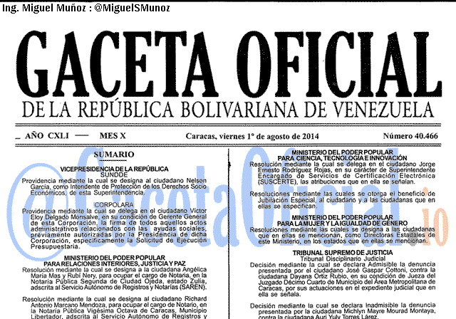 Gaceta Oficial 40466 del 1 Agosto 2014