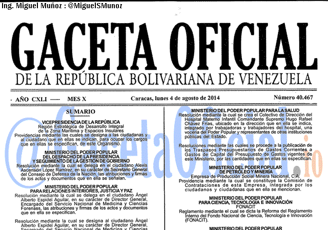 Gaceta Oficial 40467 del 5 Agosto 2014