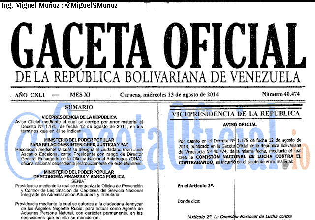 Gaceta Oficial 40474 del 13 Agosto 2014