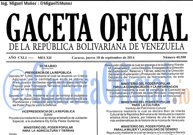 Gaceta Oficial 40500 del 18 Septiembre 2014
