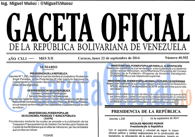 Gaceta Oficial 40502 del 22 Septiembre 2014