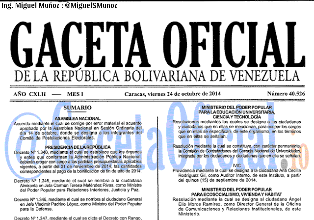 Gaceta Oficial 40526 del 24 Octubre 2014