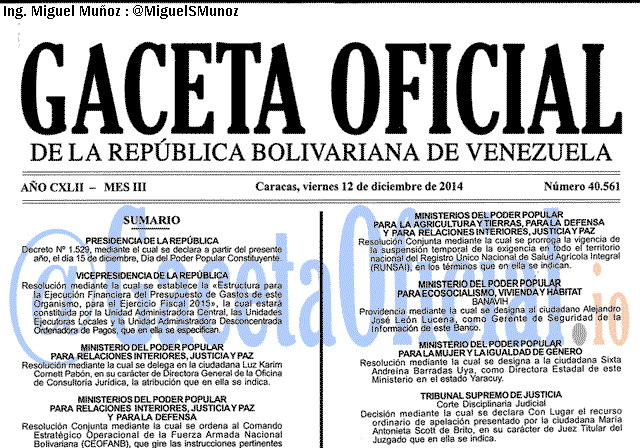 Gaceta Oficial 40561 del 12 Diciembre 2014