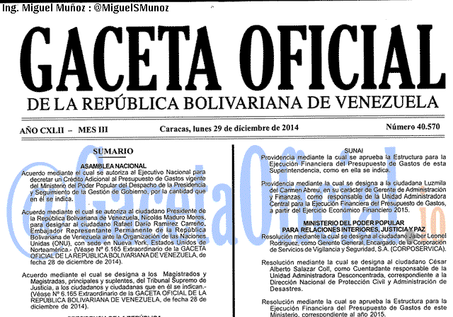 Gaceta Oficial 40570 del 29 Diciembre 2014