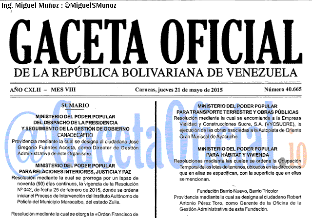 Gaceta Oficial 40665 del 21 mayo 2015