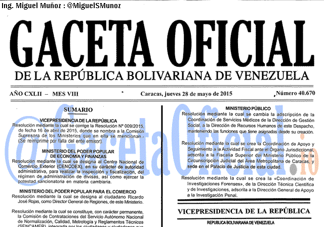 Gaceta Oficial 40670 del 28 mayo 2015