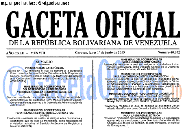Gaceta Oficial 40672 del 1 junio 2015