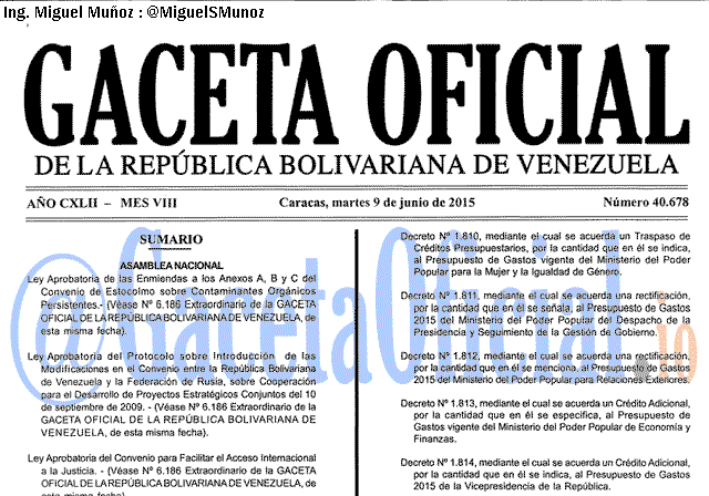 Gaceta Oficial 40678 del 9 junio 2015