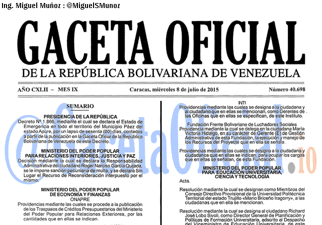 Gaceta Oficial 40698 del 8 julio 2015