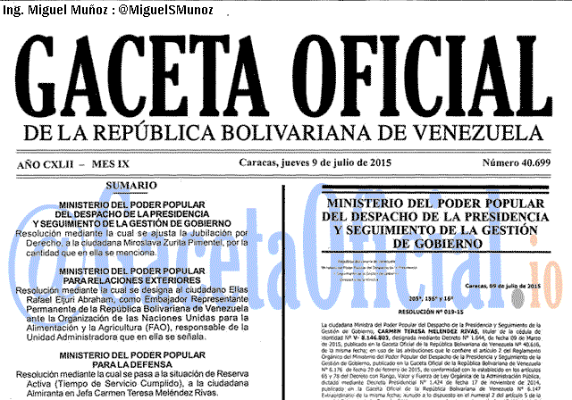 Gaceta Oficial 40699 del 9 julio 2015