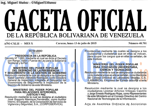 Gaceta Oficial 40701 del 13 julio 2015