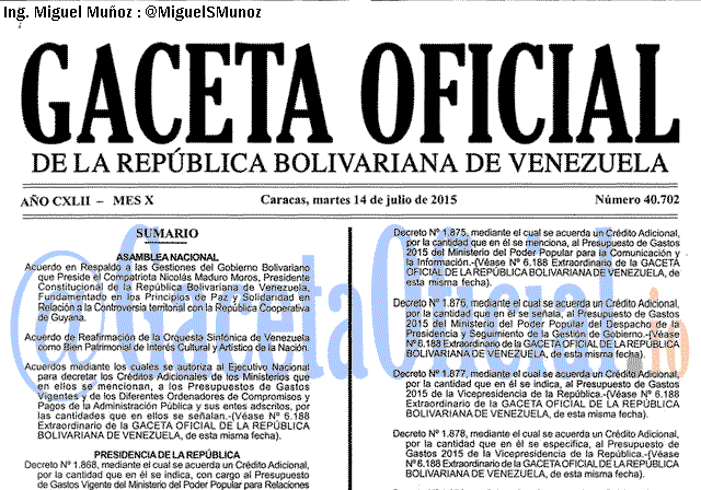 Gaceta Oficial 40702 del 14 julio 2015