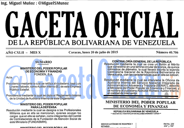 Gaceta Oficial 40706 del 20 julio 2015