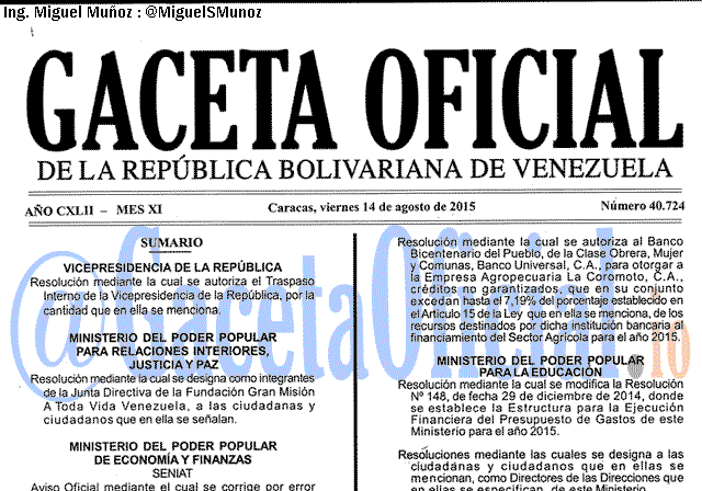 Gaceta Oficial 40724 del 13 agosto 2015