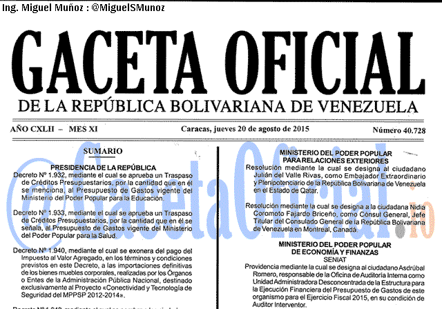 Gaceta Oficial 40728 del 20 AGOSTO 2015