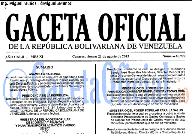 Gaceta Oficial 40729 del 21 agosto 2015