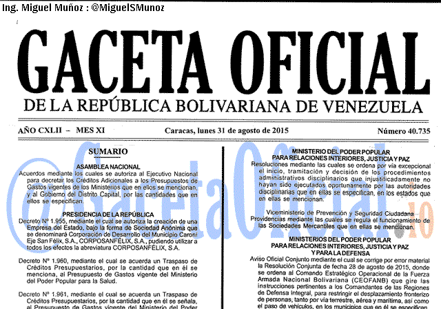 Gaceta Oficial 40735 del 31 agosto 2015