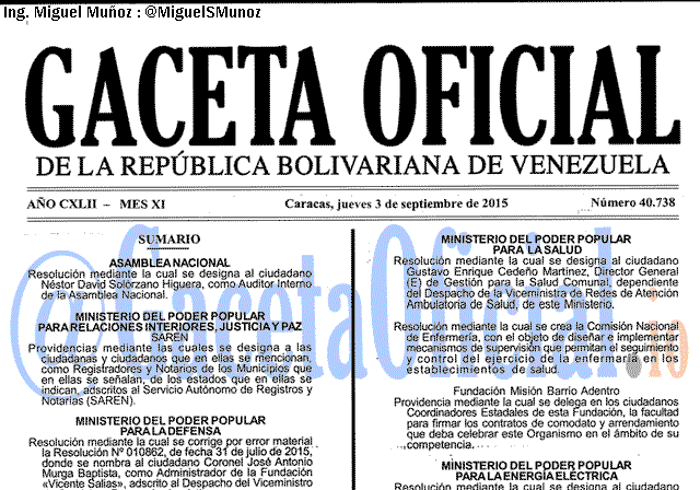 Gaceta Oficial 40738 del 3 septiembre 2015
